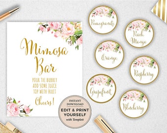 Set di insegne e etichette per succhi Mimosa Bar: design floreale modificabile (download immediato)