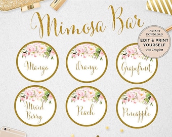 Mimosa Bar Juice Labels, Mimosa Bar, Editable Juice Labels, Juice Labels, Mimosa, INSTANT DOWNLOAD, Templett, #PBP85