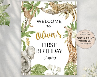 Editable Welcome Sign, First Birthday Welcome Sign, Safari Welcome Sign, Birthday Welcome Sign, Safari Birthday, Safari, Templett, #PBB101