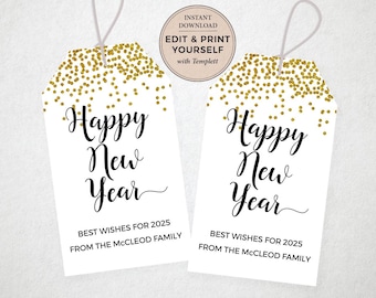May include: White gift tags with gold glitter accents and the words "Happy New Year" in elegant black script. The tags also include the text "Best Wishes for 2025" and "From The Mcleod Family."