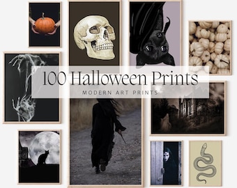 May include: A collection of framed Halloween-themed art prints. The prints feature images of a skull, bat, pumpkins, a witch, a black cat, a snake, and a haunted house. The text "100 Halloween Prints" is displayed in the center.
