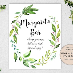 Editable Margarita Bar Sign: Watercolor Greenery (Instant Download)