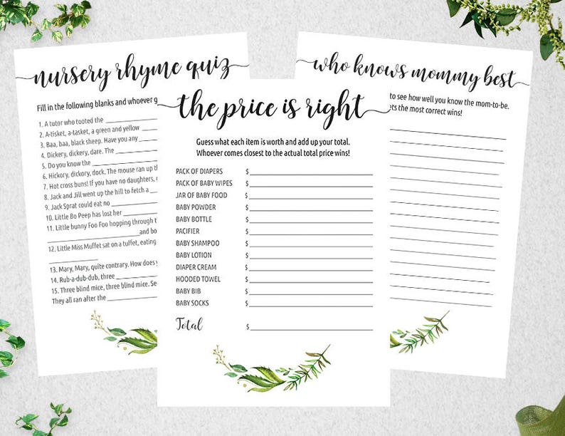 Baby Shower Games, Baby Shower Game Set, Pack 3, Nursery Rhyme Quiz, The Price is Right, Who knows Mommy Best, Instant Download,PBP86 image 1