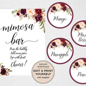 Mimosa Bar Sign & Juice Labels: Editable Bridal Shower Decor (Instant Download)
