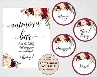 Cartello Mimosa Bar ed etichette per succhi: decorazioni modificabili per addio al nubilato (download immediato)