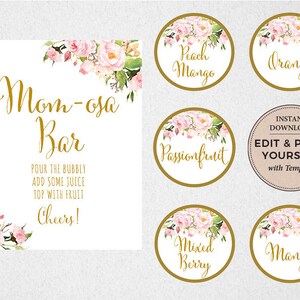 May include: Printable labels for a mimosa bar with floral designs and gold accents. The labels include the text "Peach Mango", "Orange", "Passionfruit", "Mixed Berry", and "Mango".