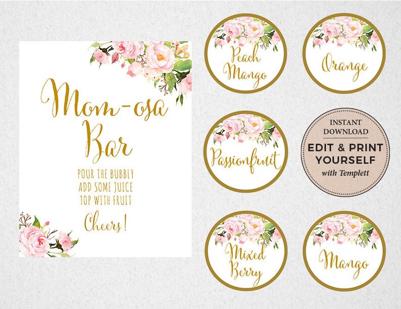May include: Printable labels for a mimosa bar with floral designs and gold accents. The labels include the text "Peach Mango", "Orange", "Passionfruit", "Mixed Berry", and "Mango".