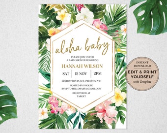 Tropical Baby Shower Invitation: Aloha Baby, Editable Template (Instant Download)