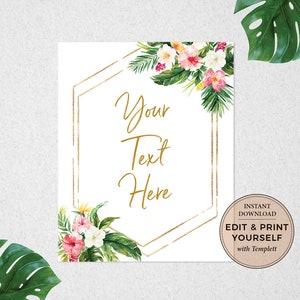 Puede incluir: Se&ntilde;al imprimible con un marco geom&eacute;trico dorado y acentos florales tropicales. El texto "Your Text Here" est&aacute; escrito en cursiva dorada. La se&ntilde;al dice "Descarga instant&aacute;nea, edita e imprime t&uacute; mismo con Templett".