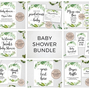 May include: A printable baby shower bundle with a green leafy design. The bundle includes signs, tags, and cards with text such as "Welcome to Sarah's Baby Shower", "Baby Succulent", "Diaper Raffle", and "Make Your Predictions for the Baby".