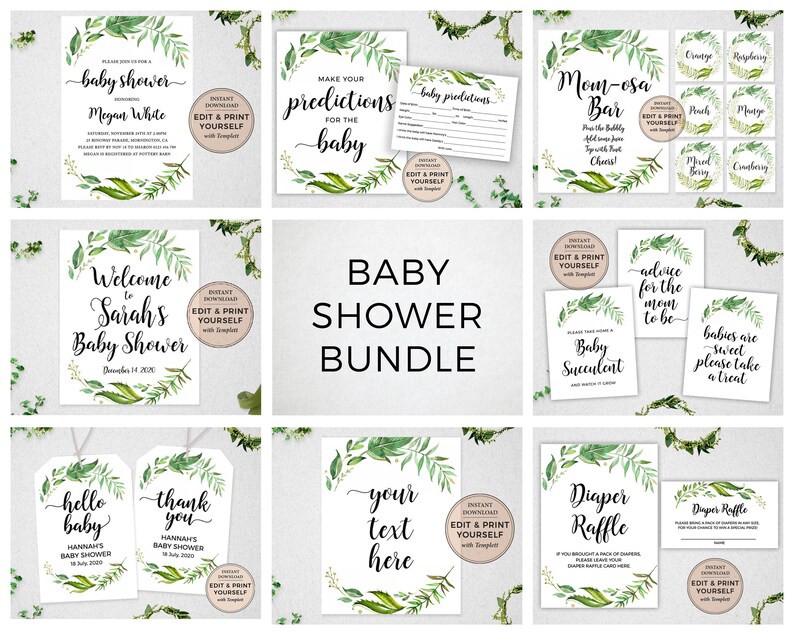 May include: A printable baby shower bundle with a green leafy design. The bundle includes signs, tags, and cards with text such as "Welcome to Sarah's Baby Shower", "Baby Succulent", "Diaper Raffle", and "Make Your Predictions for the Baby".