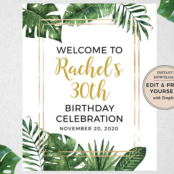 Birthday Welcome Sign, Editable Welcome Sign, Tropical Birthday Welcome Sign, Birthday Sign, Templett, Instant Download, #PBP99