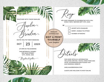 Tropical Wedding Invitation Bundle: Editable Template (Instant Download)