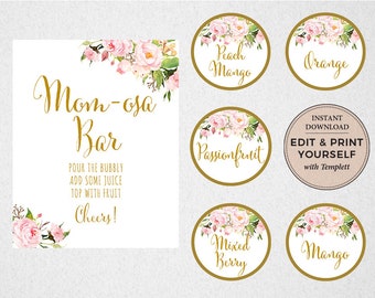 Mom-osa Bar Sign & Juice Labels: Baby Shower Decor (Templett)