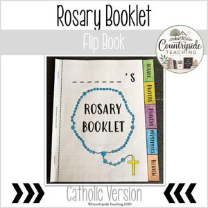 May include: A white paper flip book titled Rosary Booklet with a central illustration of a blue rosary and a yellow cross. The booklet features color-coded side tabs labeled Rosary, Prayers, Mysteries, and Review, with dashed lines for a name.