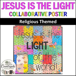 May include: A collaborative poster featuring a grid of colorful squares with polka dots and butterfly illustrations. The text reads Jesus is the LIGHT of the WORLD! A large mason jar illustration filled with butterflies is positioned on the left side.