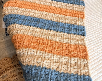 Chunky Knit Chenille Lap Blanket | Striped Blue, Cream, Terracotta Throw