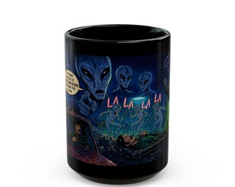 Alien Abduction Mug, Boogie On Down The Road Coffee Cup, ZRINSKI Rock Shop, UFO Sci Fi Drinkware, Black Ceramic Mug 15oz