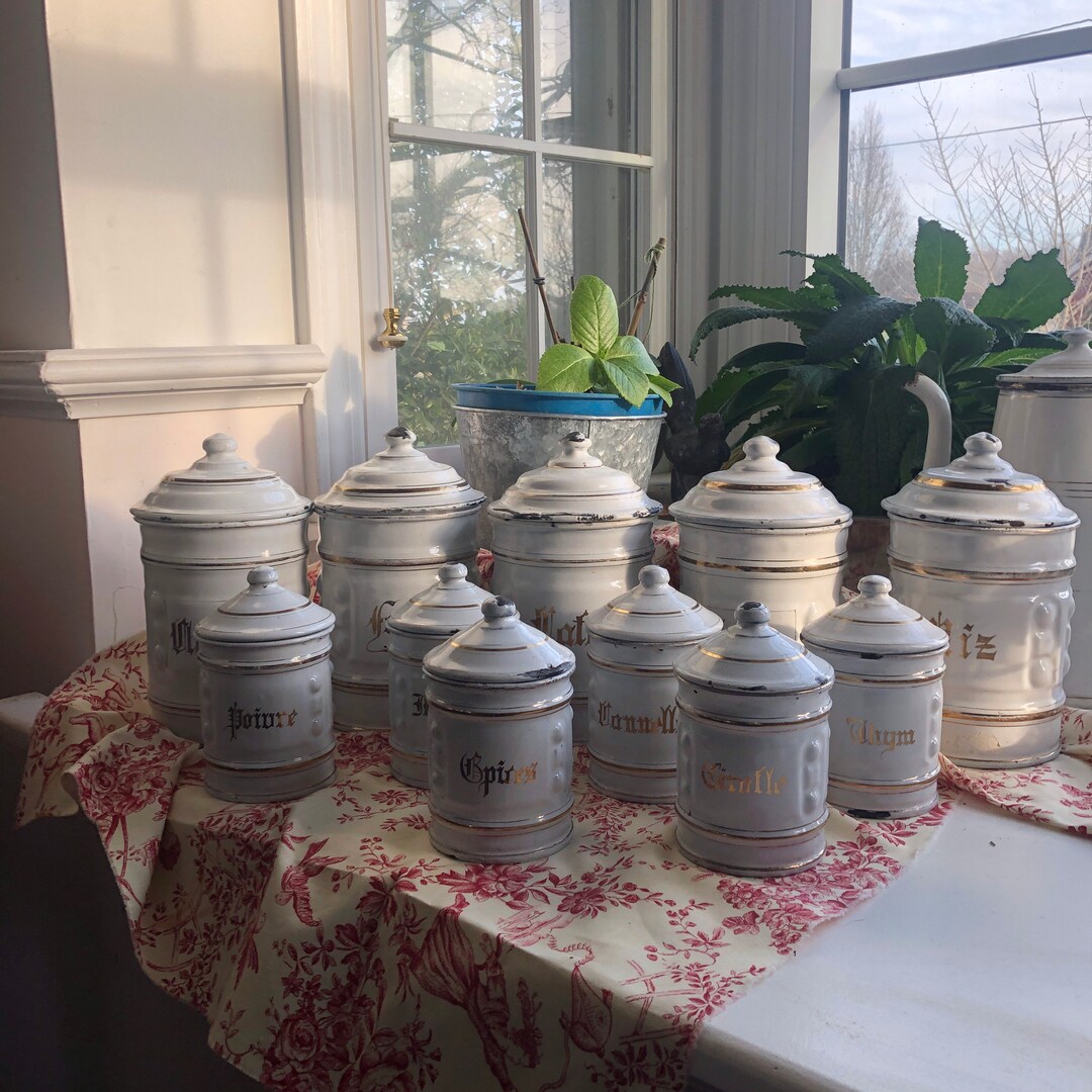 French Enamelware Canister Set White and Gold Antique 11 Etsy