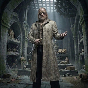 May include: A person wearing a long, textured, beige coat over a dark brown vest and black trousers. The person wears brass-colored steampunk goggles on their head and holds a curved, silver-bladed dagger in one hand within a stone chamber.