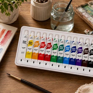 Pode incluir: Uma bandeja de plástico branca contendo doze tubos de 6 ml de tinta aquarela dispostos em uma fileira. Cada tubo é rotulado com a marca BOMEGA, o texto Water Colors e a frase The Best Choice The Best. As cores incluem branco, amarelo, laranja, vermelho, carmesim, verde, verde escuro, azul claro, azul escuro, roxo, marrom e preto.