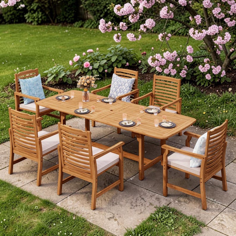 Acacia Wood Extendable 6 Person Patio Dining Set with Cushions, Outdoor Garden Furniture 画像 1