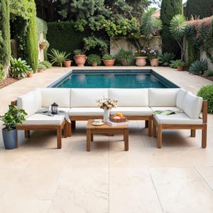 Modular Acacia Wood Outdoor Sectional Sofa Set, 6 Person Patio Conversation Seating Group