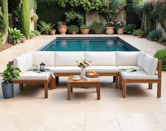 Modular Acacia Wood Outdoor Sectional Sofa Set, 6 Person Patio Conversation Seating Group