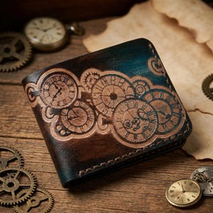 Puede incluir: Una cartera plegable con un acabado degradado en marrón oscuro y azul verdoso, con motivos grabados de esferas de reloj y engranajes. La superficie muestra intrincados relojes circulares y motivos mecánicos con costuras visibles en los bordes.
