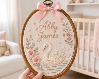 Personalized Swan Floral Baby Name Hoop, Custom Embroidered Nursery Wall Art, Pink Flower Baby Girl Name Sign