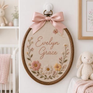 May include: An oval wooden embroidery hoop containing beige fabric with the embroidered name Evelyn Grace in brown script. The design features stitched pink and yellow flowers, green leaves, and a small butterfly, topped with a pink satin bow.