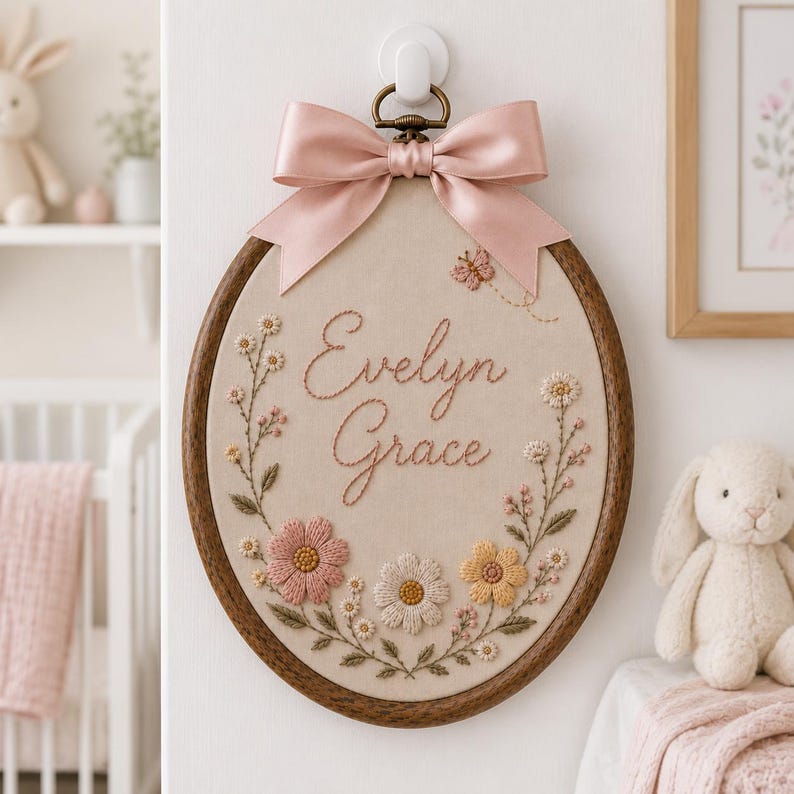 May include: An oval wooden embroidery hoop containing beige fabric with the embroidered name Evelyn Grace in brown script. The design features stitched pink and yellow flowers, green leaves, and a small butterfly, topped with a pink satin bow.