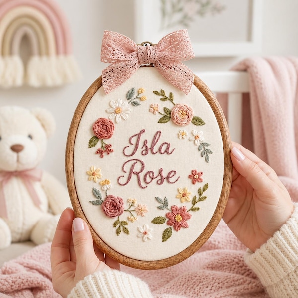 Personalized Rose Garden Baby Name Embroidery Hoop, Custom Name Floral Wreath Nursery Sign, Vintage Flower Baby Room Decor