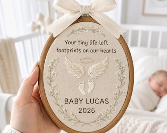 Personalized Baby Memorial Embroidery Hoop, Angel Wings and Footprints Remembrance Sign, Infant Loss Keepsake