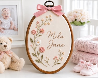 Personalized Wildflower Baby Name Embroidery Hoop, Custom Name Floral Nursery Sign, Blush Botanical Wall Decor