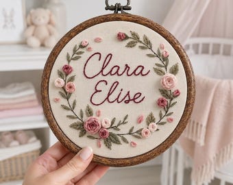 Personalized Rose Floral Baby Name Embroidery Hoop, Custom Blush Pink Flower Nursery Wall Decor, Baby Girl Name Sign