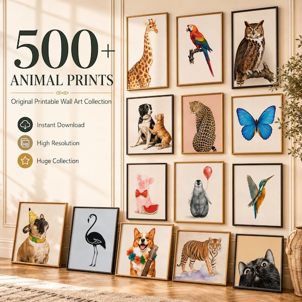 500点以上の動物ウォールアートセット、印刷可能な動物アート、ヴィンテージ野生動物プリント、子供部屋＆ギャラリーの壁装飾、デジタルダウンロード