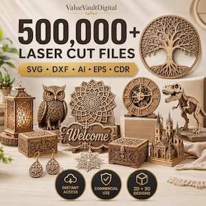 Può includere: Una collezione digitale di oltre 500.000 file per taglio laser in formati SVG, DXF, AI, EPS e CDR. L'immagine mostra vari oggetti in legno, tra cui un albero della vita, un gufo, un orologio, uno scheletro di dinosauro, un castello, scatole e orecchini.
