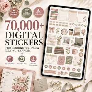 May include: A digital tablet displaying a collection of over 70,000 digital stickers for planners, featuring floral motifs, calendars, to-do lists, and icons in muted pink, green, and beige tones, alongside a stylus and a weekly planner.