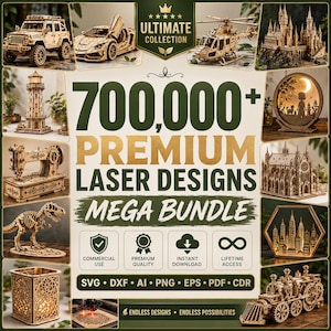 Peut inclure: Une publicité numérique pour une collection de plus de 700 000 modèles laser premium, présentant divers exemples de modèles en bois, notamment une jeep, une voiture de sport, un hélicoptère, un château, un phare, une machine à coudre, un dinosaure et un train.