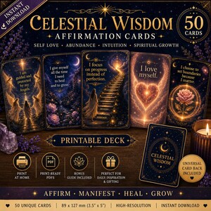 May include: A set of 50 Celestial Wisdom affirmation cards featuring dark blue and gold celestial designs. The cards display inspirational text, angelic figures, staircases, hearts, and roses. The deck includes a universal card back design.
