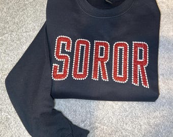 Soror Glitter Applique Sweatshirt with Pearl Inspired Stitching