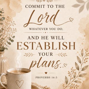 Peut inclure: Une affiche murale avec le texte COMMIT TO THE Lord WHATEVER YOU DO, AND HE WILL ESTABLISH YOUR plans. PROVERBS 16:3 en typographie brune. Le design comprend des illustrations de feuilles à l'aquarelle, une tasse en céramique avec un cœur.