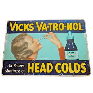 Vintage 1930s Vicks Va-Tro-Nol Tin Sign Original Drug Store Rare Advertising