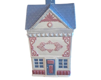 Vintage Haus geformt Keksdose Keramik Küche Lagerung Dekor Blau Rosa