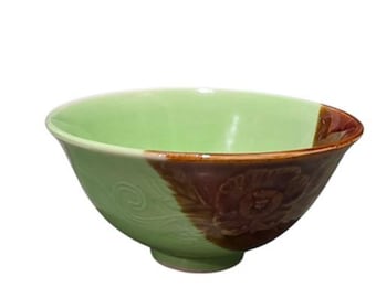 Vintage Asian Rice Bowl Ceramic Embossed Rose Greek Key Pattern Green Brown 4.5"