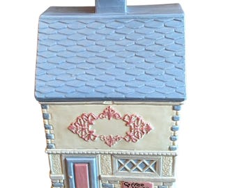 Vtg House Ceramic Coffee Canister Cottage Village Jar Hand Painted Small Chip