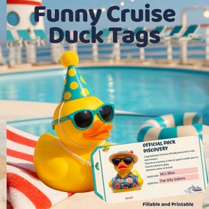 Grappige eendjeslabels voor op de cruise, printbare en invulbare labels met de tekst "Wat een geluk dat je een eendje hebt gevonden!", 16 ontwerpen