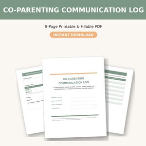 Könnte beinhalten: Ein 8-seitiges, druckbares und ausfüllbares PDF-Protokoll zur Co-Parenting-Kommunikation. Das Dokument hat einen weißen Hintergrund mit salbeigrünen und orangefarbenen Akzenten und enthält Felder für Namen der Kinder und Sorgerechtspläne.