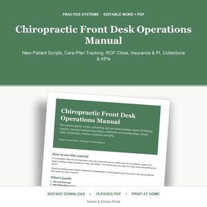 Könnte beinhalten: Ein Handbuch für den Empfang in einer chiropraktischen Praxis mit grünem Kopfbereich und weißem Text. Das Dokument enthält Skripte für neue Patienten, die Nachverfolgung von Behandlungsplänen, Versicherungsdetails, Inkasso und Leistungskennzahlen.